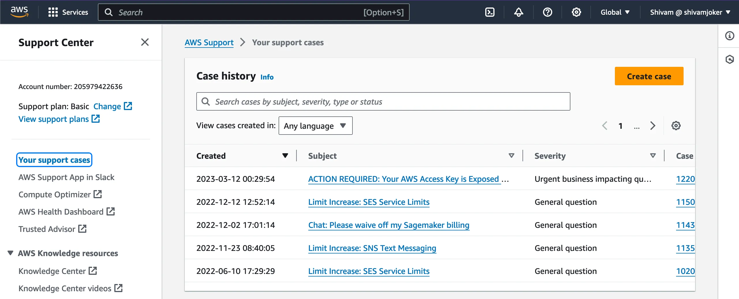 AWS 5 cases opened in console