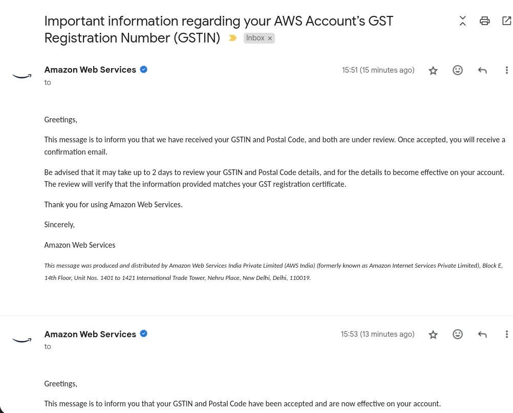 AWS accepted my GST for tax credit