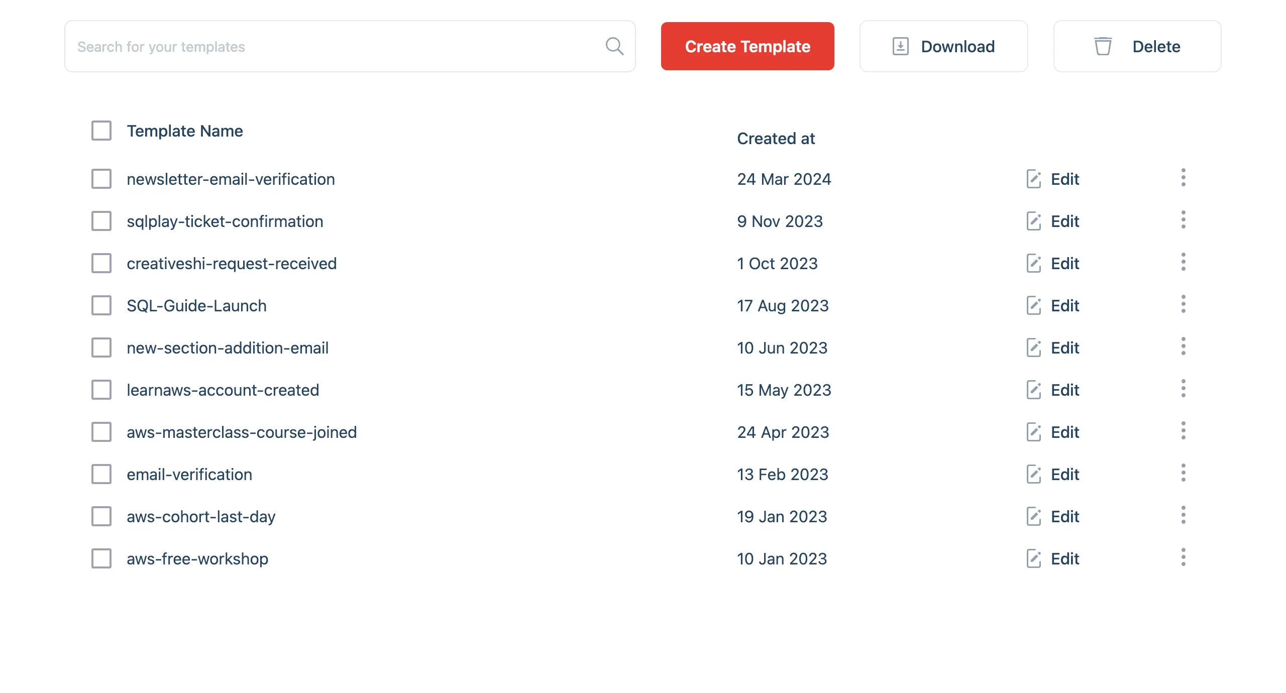 awsmail showing the list of all the templates from Amazon SES