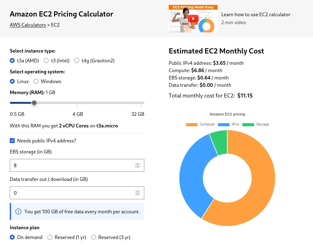 ec2 pricing claculator screnshot
