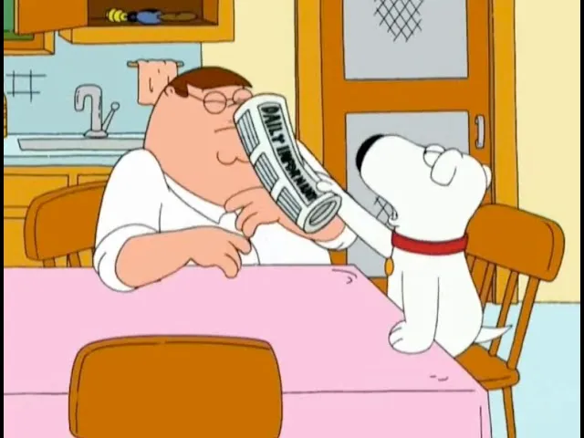 Family guy getting slapped with a newspaper by a dog