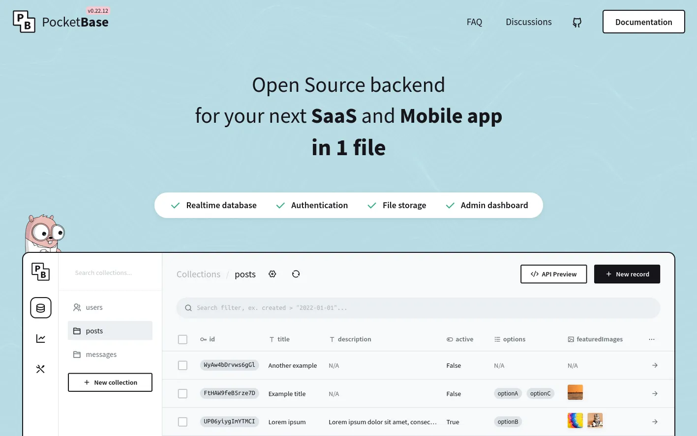 pocketbase landing page with gopher