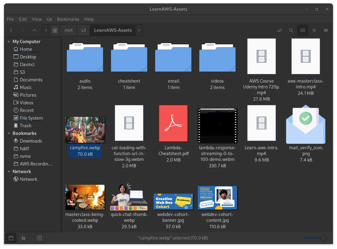 AWS S3 mountpoint showing files in the file manager with thumbnails